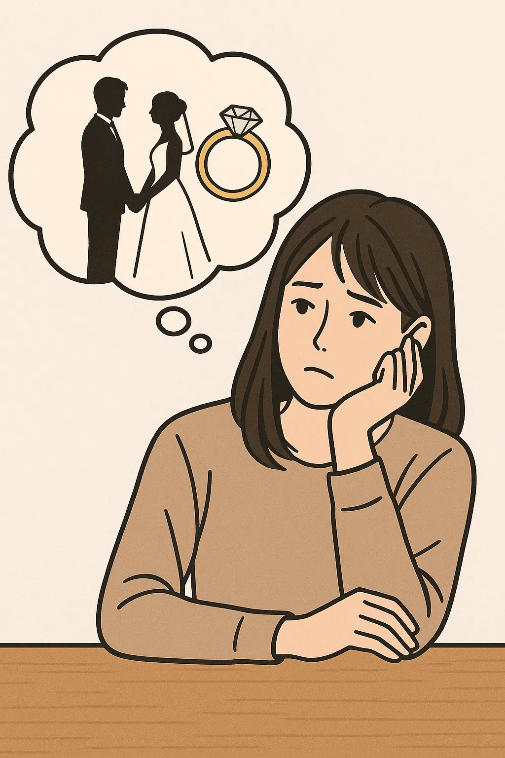 結婚を考える女性の抽象的イラスト。指輪や夫婦のシルエットを想起させる構図。