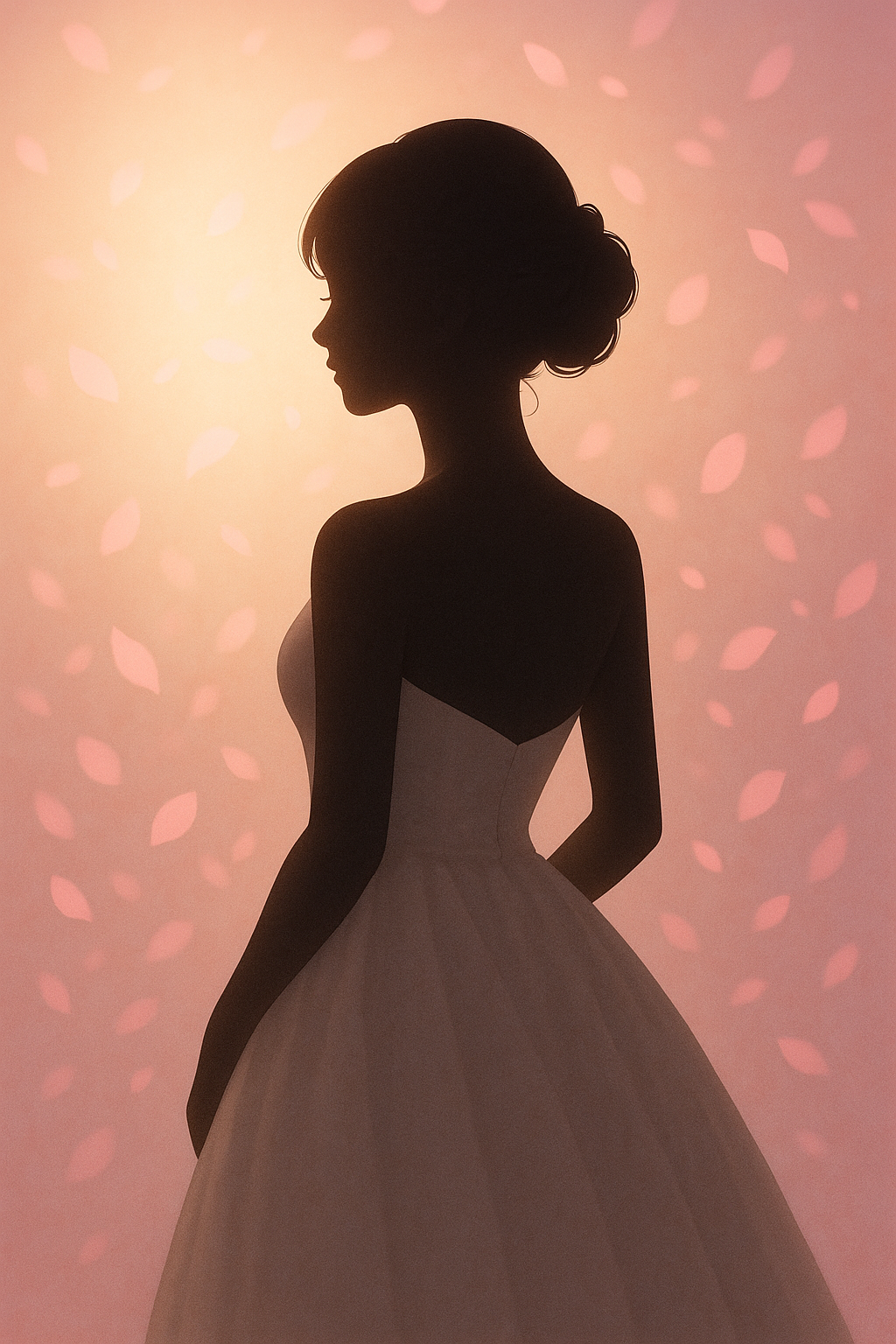 淡いピンクの背景に白いドレス姿の女性シルエットが立つ、結婚を連想させる幻想的なイラスト