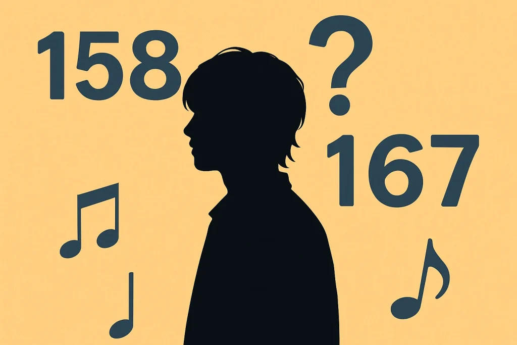 歌手・優里さんの身長に関する158cm説・167cm説など諸説を象徴するシルエットと数字モチーフのイラスト