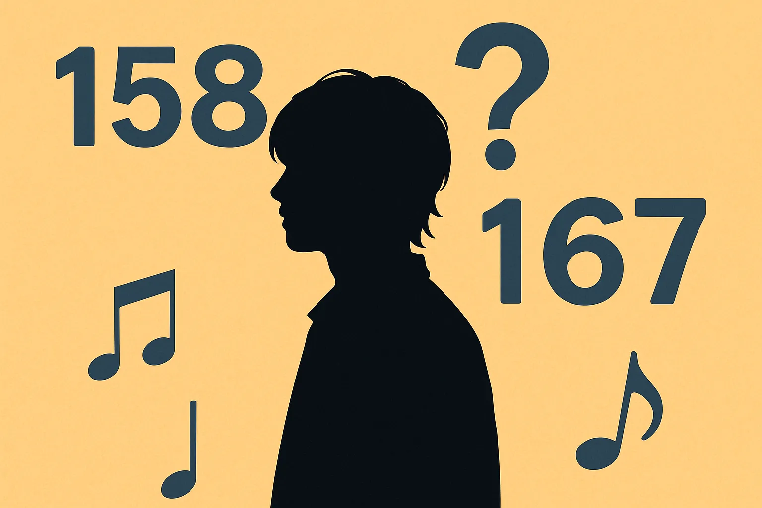 歌手・優里さんの身長に関する158cm説・167cm説など諸説を象徴するシルエットと数字モチーフのイラスト