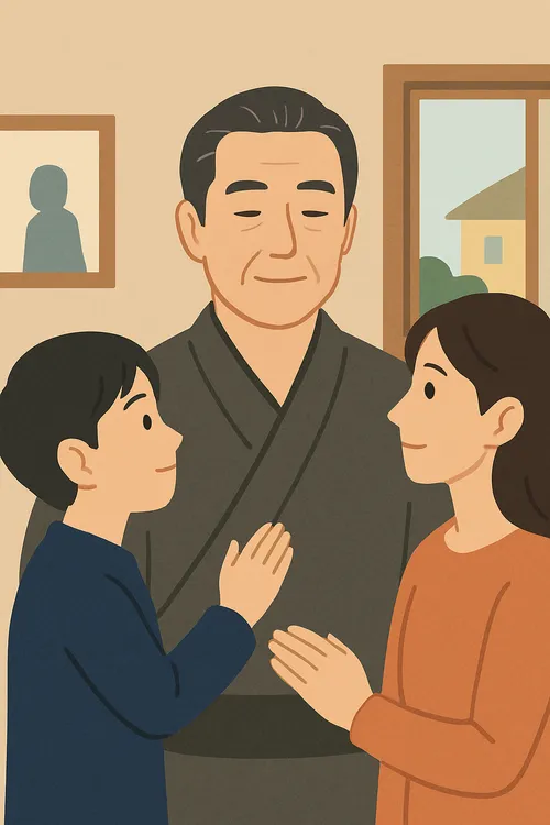 家族の絆を象徴する、温かみある抽象的な日本人家庭のイラスト