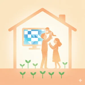 温かい光が差し込む家の中で、父親が赤ちゃんを抱き上げ、母親がそれを見守っている様子を描いたイラスト。家族の足元からは複数の若葉が芽吹いており、リビングにはニュース番組が映し出されたテレビが見える。