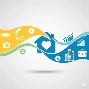 成功したビジネスキャリアとメディアキャリアが、調和の取れた家庭生活に収束していく様子を象徴するイラスト。