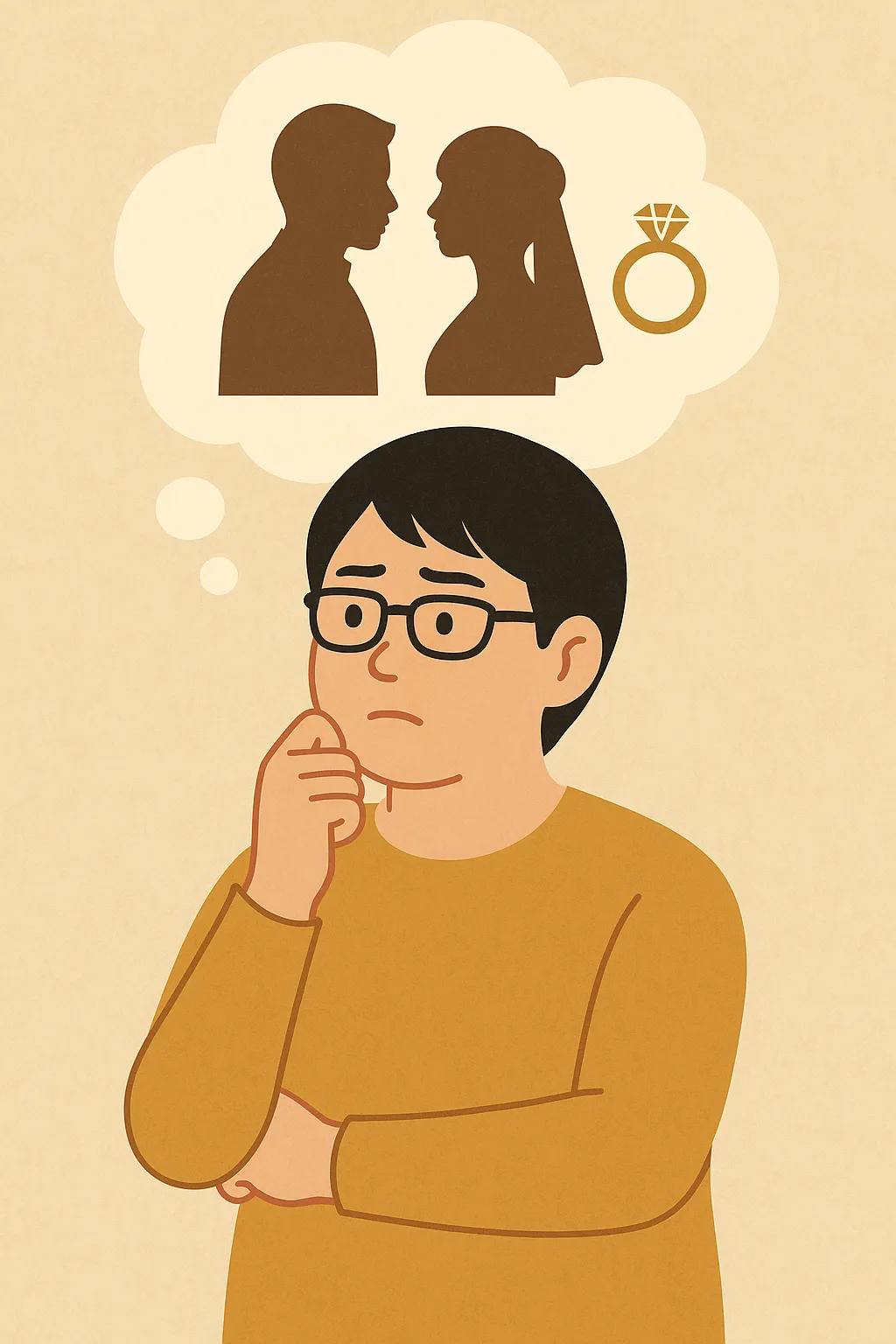 結婚について考える女性の抽象イラスト。シルエットの夫婦と指輪が描かれた吹き出し付き。