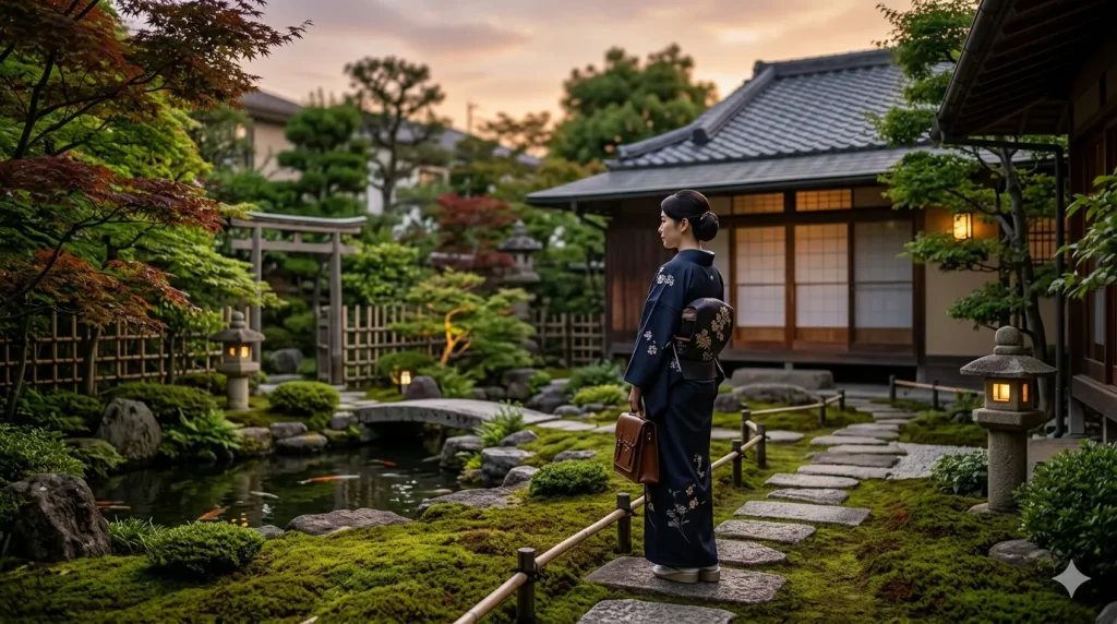 伝統的な和風庭園に佇む紺色の着物を着た女性。夕暮れ時に、飛び石の小道と灯籠に囲まれた風情ある景観を見渡している。