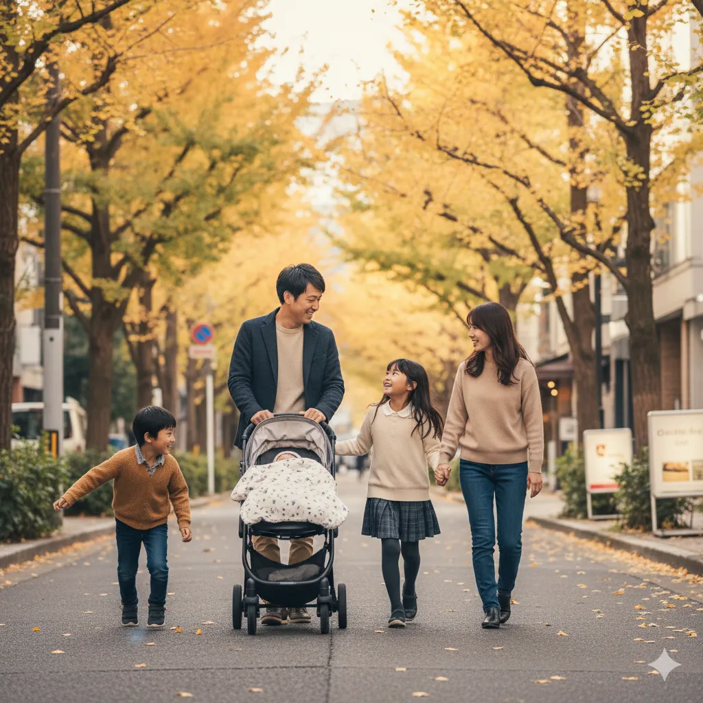 家族4人がベビーカーを押しながら黄葉した街路樹の下を歩く、秋の日の穏やかな風景。