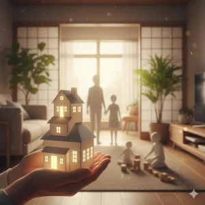 家族を象徴する家を手のひらに乗せたイラスト。和風の明るいリビングで、窓の外に夫婦らしき人物のシルエット、手前には遊ぶ子供たちの姿がある。