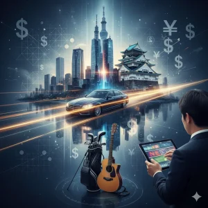 経済的な成功、多様なキャリア、そして趣味の充実を象徴する、未来的な都市景観と技術的要素が融合したデジタルアート。背景には東京と大阪のランドマーク、手前にはタブレットを操作するビジネスパーソン、高級車、ゴルフバッグ、アコースティックギターが配置され、ドルや円の記号が舞う。