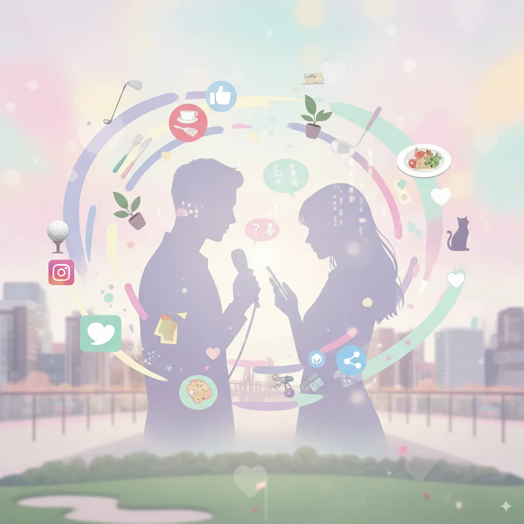 都会の風景を背景に、マイクを持つ男性とスマートフォンを見る女性のシルエットが向かい合っている。二人の周りには、ゴルフ用品、コーヒーカップ、植物、SNSアイコン、料理、ペットの猫など、熱愛の噂に関連する多様なモチーフがカラフルな円状に配置されており、情報が錯綜する様子を表現している。手前にはゴルフコースの一部が見える。