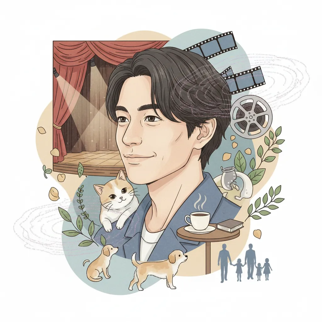 舞台の幕、コーヒーカップ、映画フィルム、犬と猫、そして仲睦まじい家族のシルエットが描かれた、男性の横顔のイラストレーション。これは俳優の多面的なキャリアと個人的な生活を象徴している。