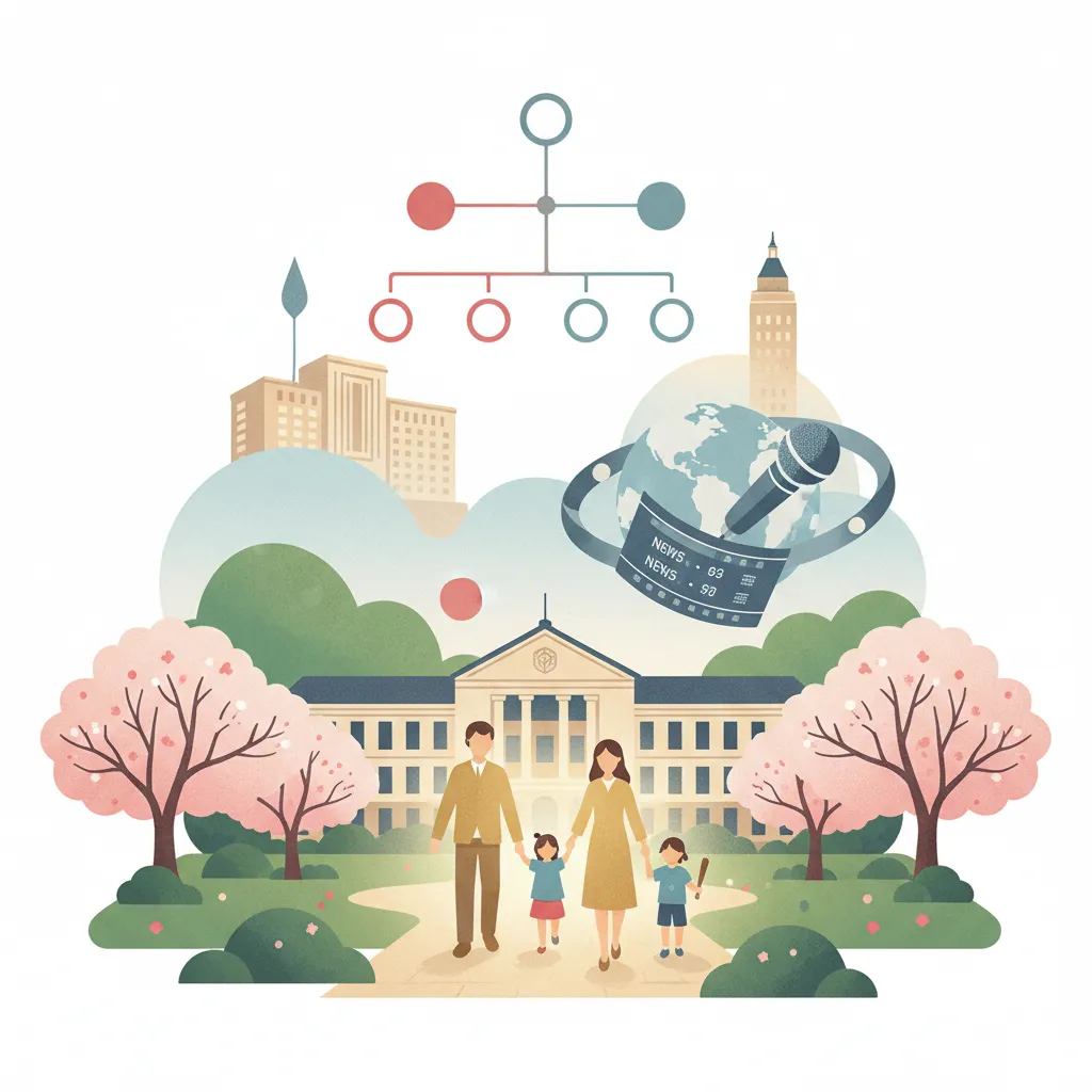 「慶應義塾大学を背景に、家族が手をつないで歩くイラスト。上部には家系図、ニュース番組の要素、街並みが描かれている。」