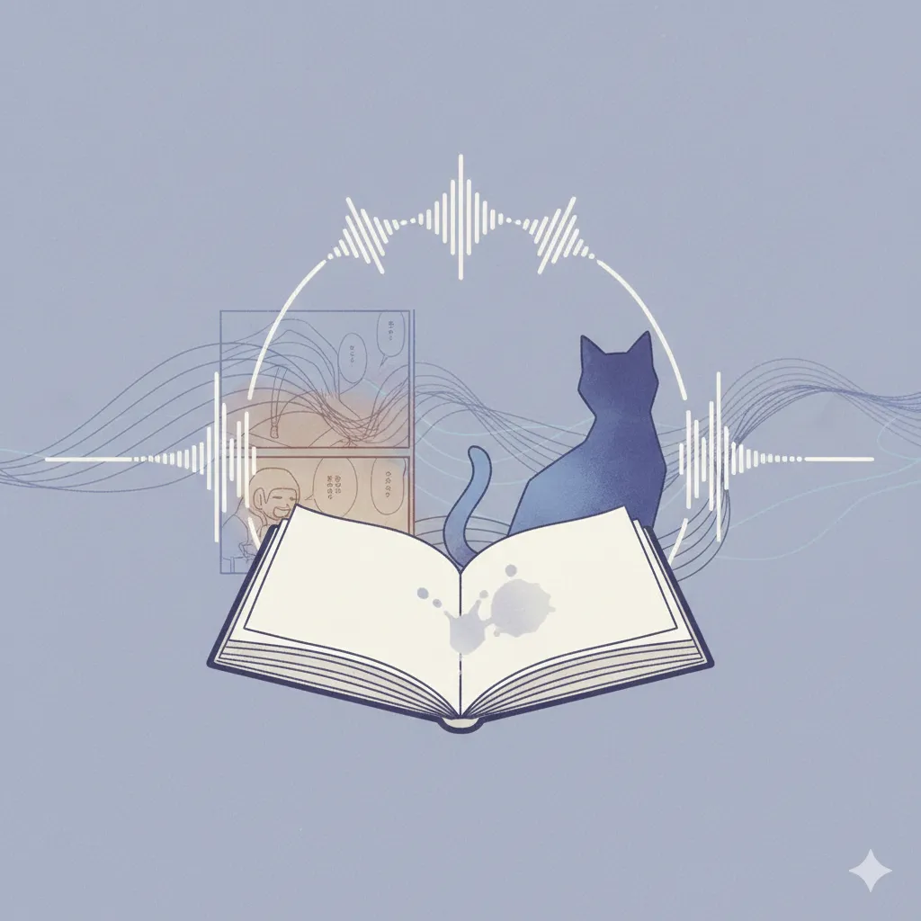 開かれた本の前に座る猫のシルエットと、背景に音波と漫画のコマが描かれたイラスト。