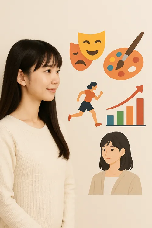 多才な活動を象徴する日本人女性のイメージイラストと表現アイコン