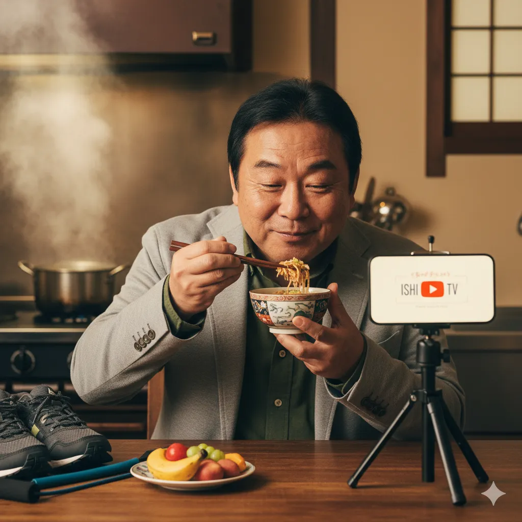 自宅のキッチンで、美味しそうな料理を一口食べようとしている中年の男性。彼の前にはスマートフォンが立てられ、ライブ配信をしているようだ。料理以外にも、食後のフルーツや運動靴、トレーニングチューブが置かれており、健康に気を使いながらグルメを楽しむ様子がうかがえる。
