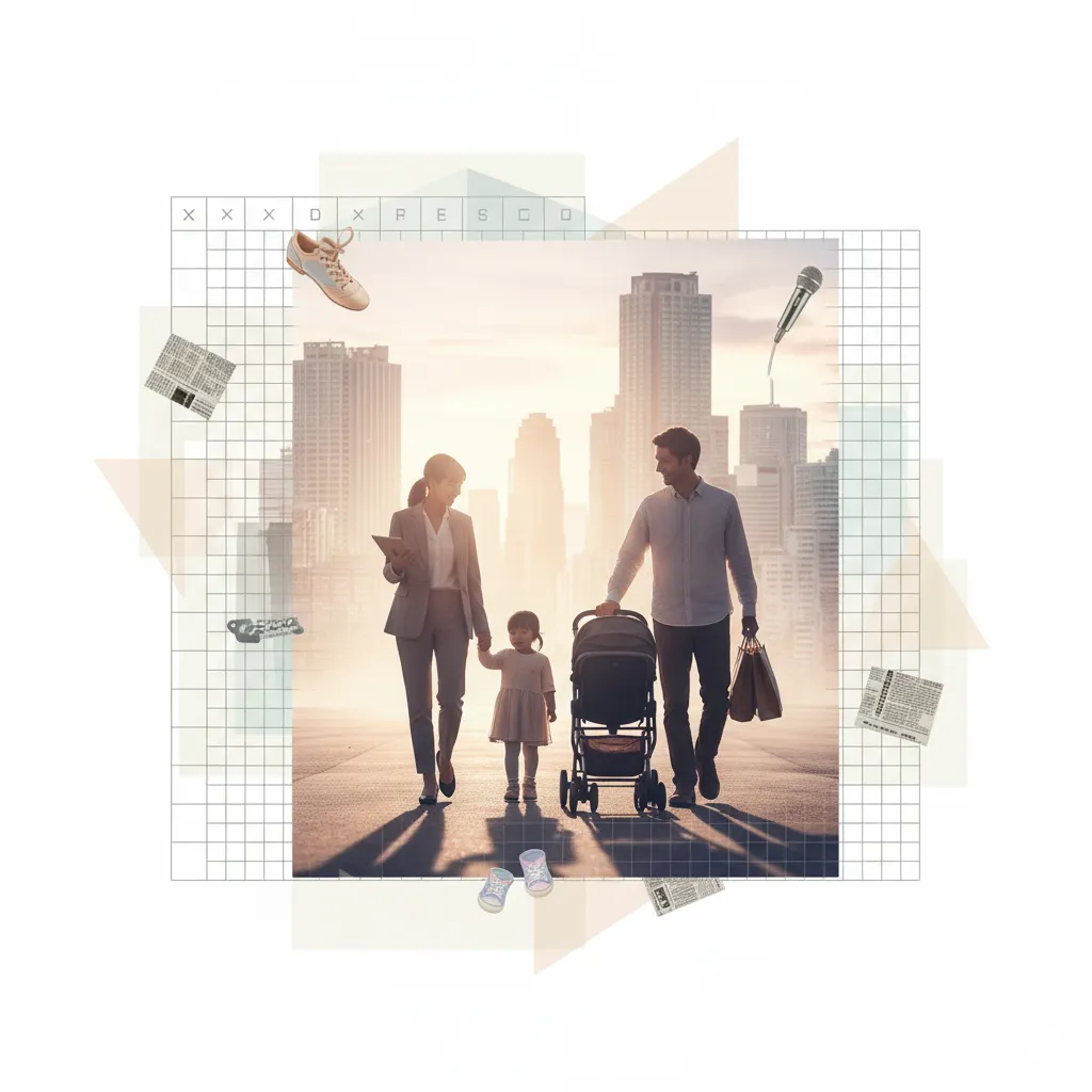 高層ビルが立ち並ぶ都市の背景に、ベビーカーを押しながら歩く夫婦と小さな子供。女性はビジネススーツ、男性はカジュアルな服装で、共働き家庭の日常を表している。周囲には、スニーカー、マイク、新聞記事、鍵など、夫婦の多忙な生活や趣味、仕事、育児に関連する要素がコラージュ風に配置されている。