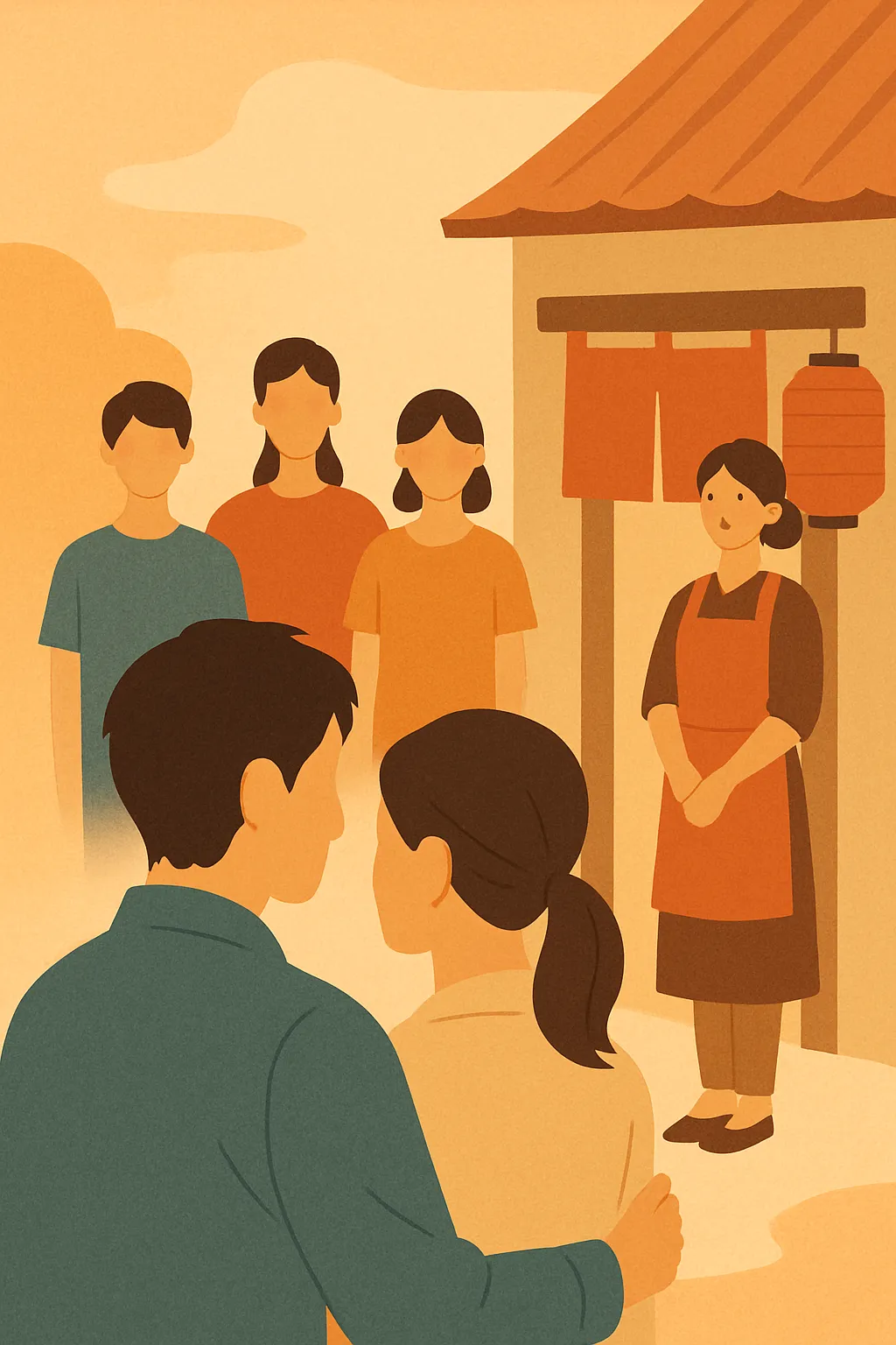 温かい色合いで描かれた家族と居酒屋を象徴する抽象的イラスト。夫婦と子供たち、店先に立つ女性がシルエットで表現され、家族の絆を感じさせる構図。