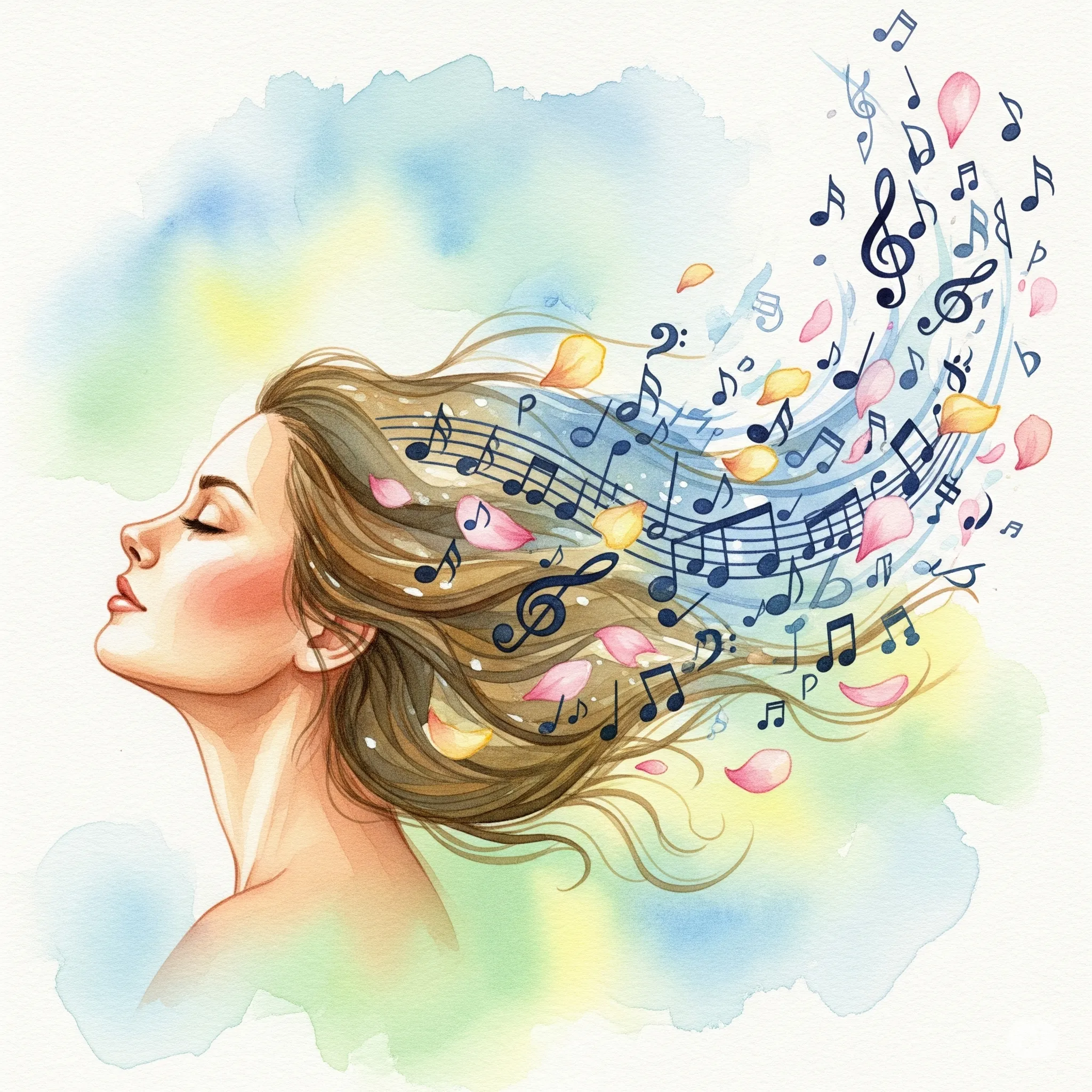 女性の横顔の周りを音符と花びらが舞う水彩画。