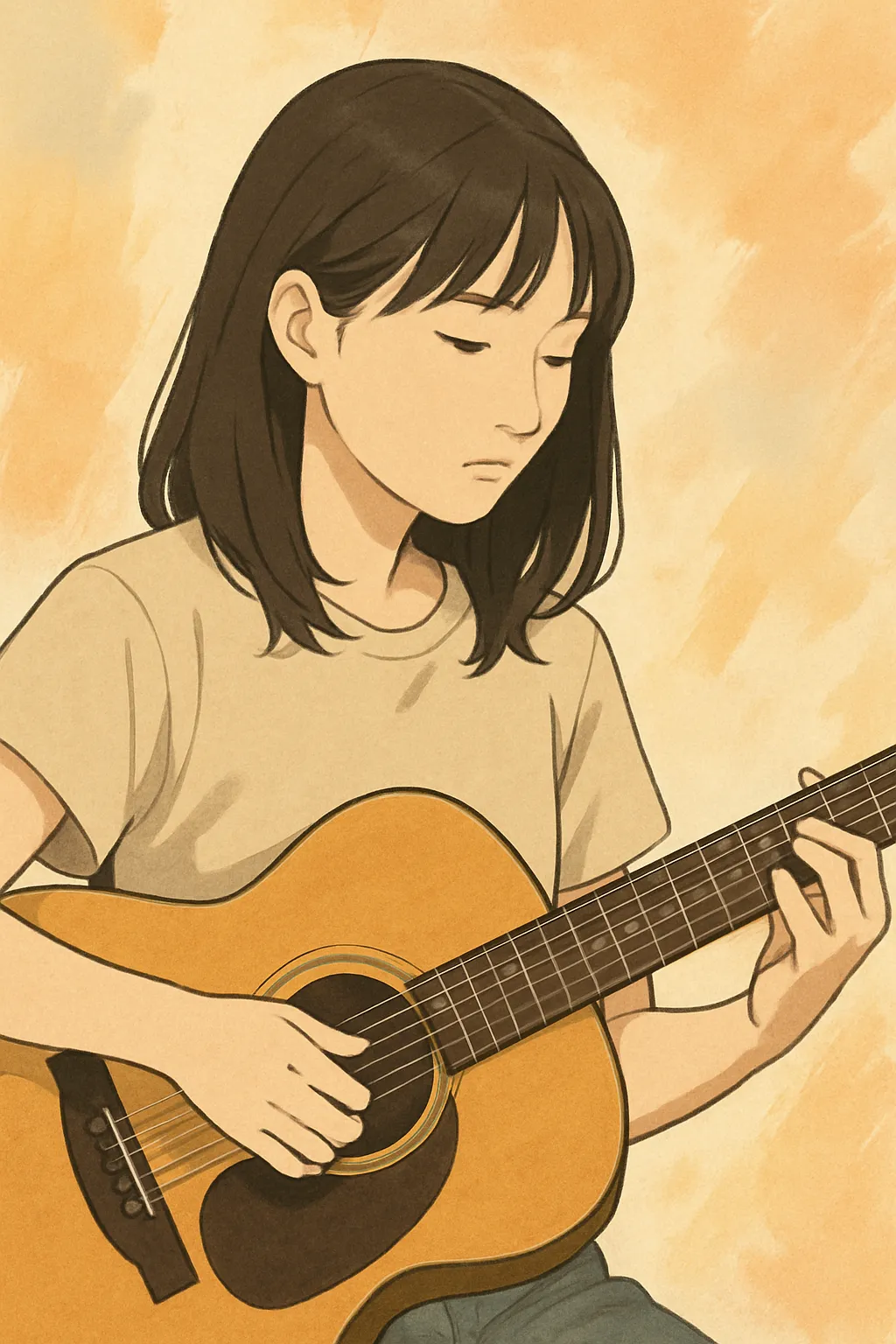 ギターを弾く若い女性をモチーフにした抽象的イラスト
