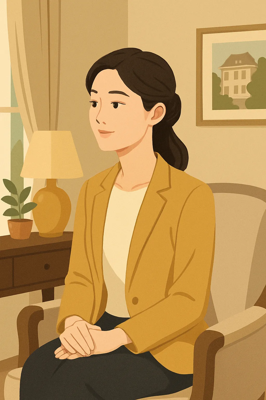 落ち着いた部屋に座る若い女性を描いた抽象的イメージイラスト