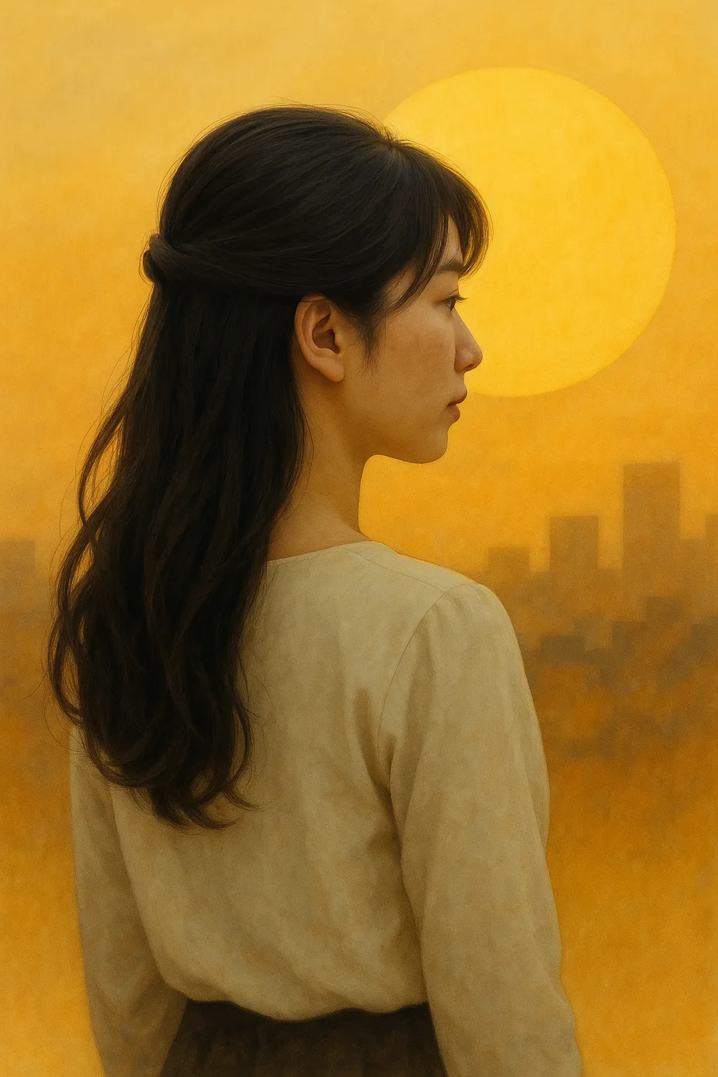 若い女性の抽象的な横顔シルエットと夕日を背景にした柔らかなイラスト