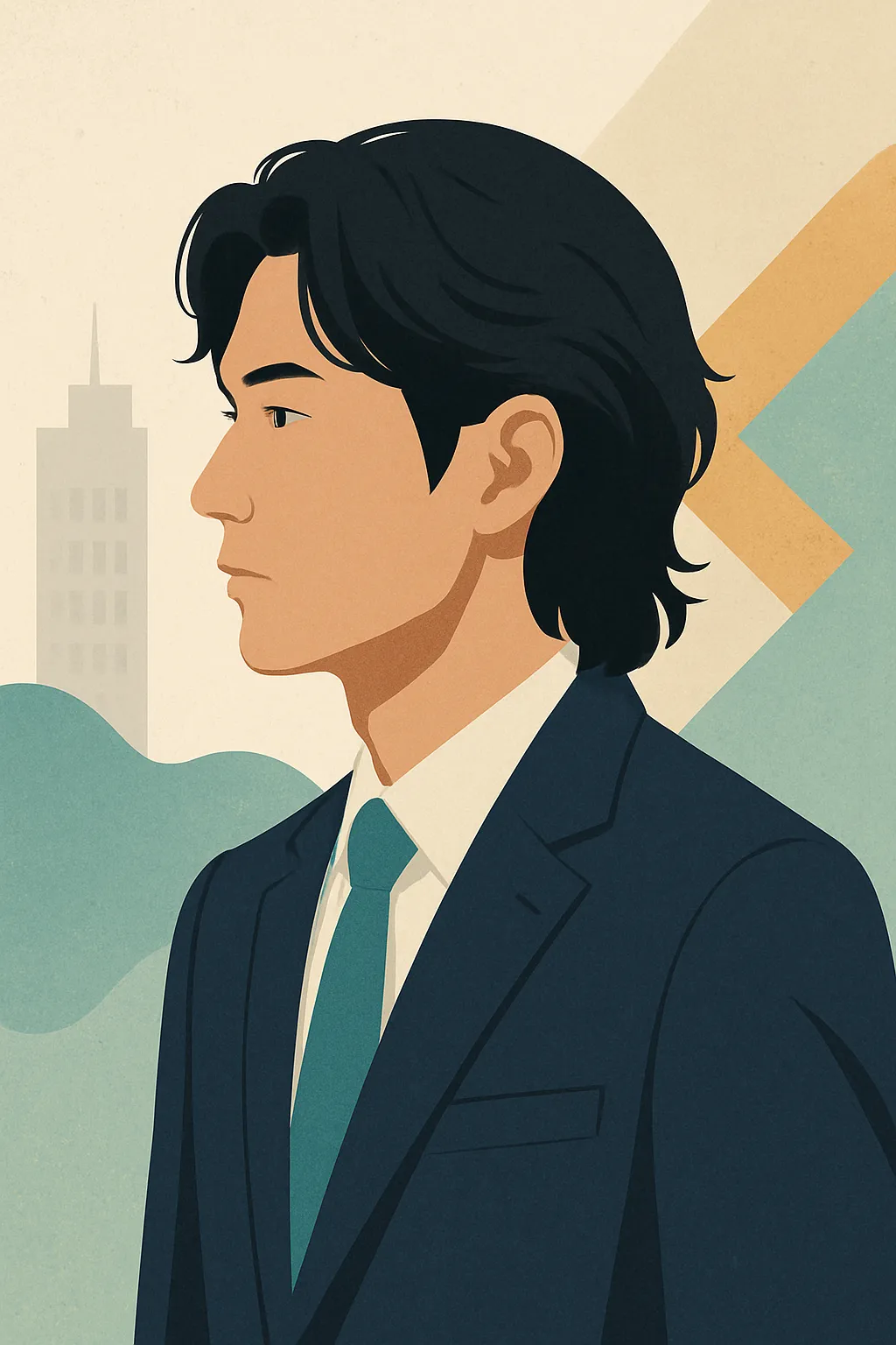 若い日本人男性を抽象的に描いたイラスト。スーツ姿で未来を見据える姿が印象的なビジュアル。