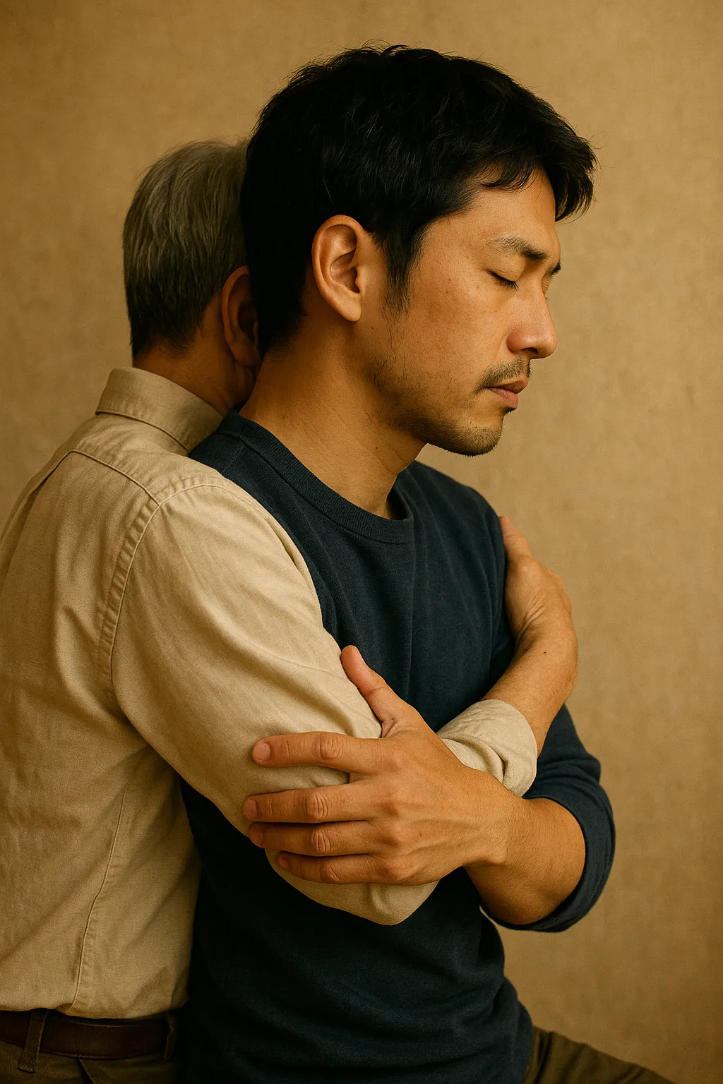 家族の絆を象徴するように父と子が抱き合う日本人男性の抽象的イメージ