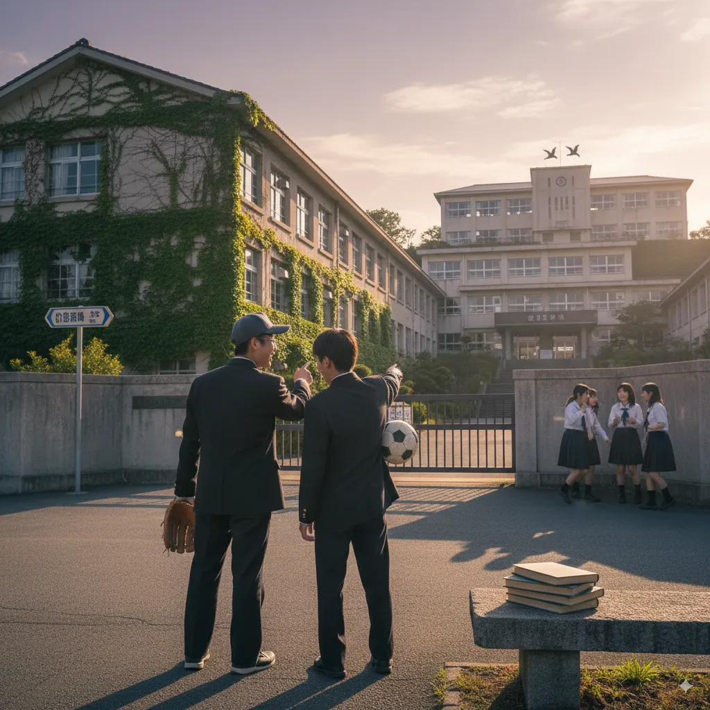 夕暮れの学校を背景に、野球帽とグローブを持った男性とサッカーボールを抱えた男性が校門の方を指差している。校門付近には数名の女子高生が立っており、手前にはベンチと本が置かれている。全体的にノスタルジックな雰囲気の画像。
