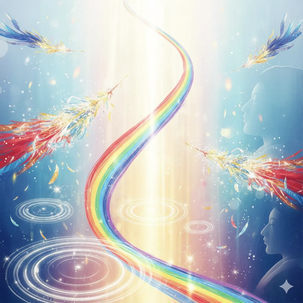 : 明るい光が差し込む神秘的な空間に、虹色の道が曲線を描いて伸びている。道の周りには輝く羽根や光の粒が舞い、水面には波紋が広がる。画面の右側には、横顔の女性のシルエットが描かれ、全体的に希望に満ちた幻想的な雰囲気を持つ。