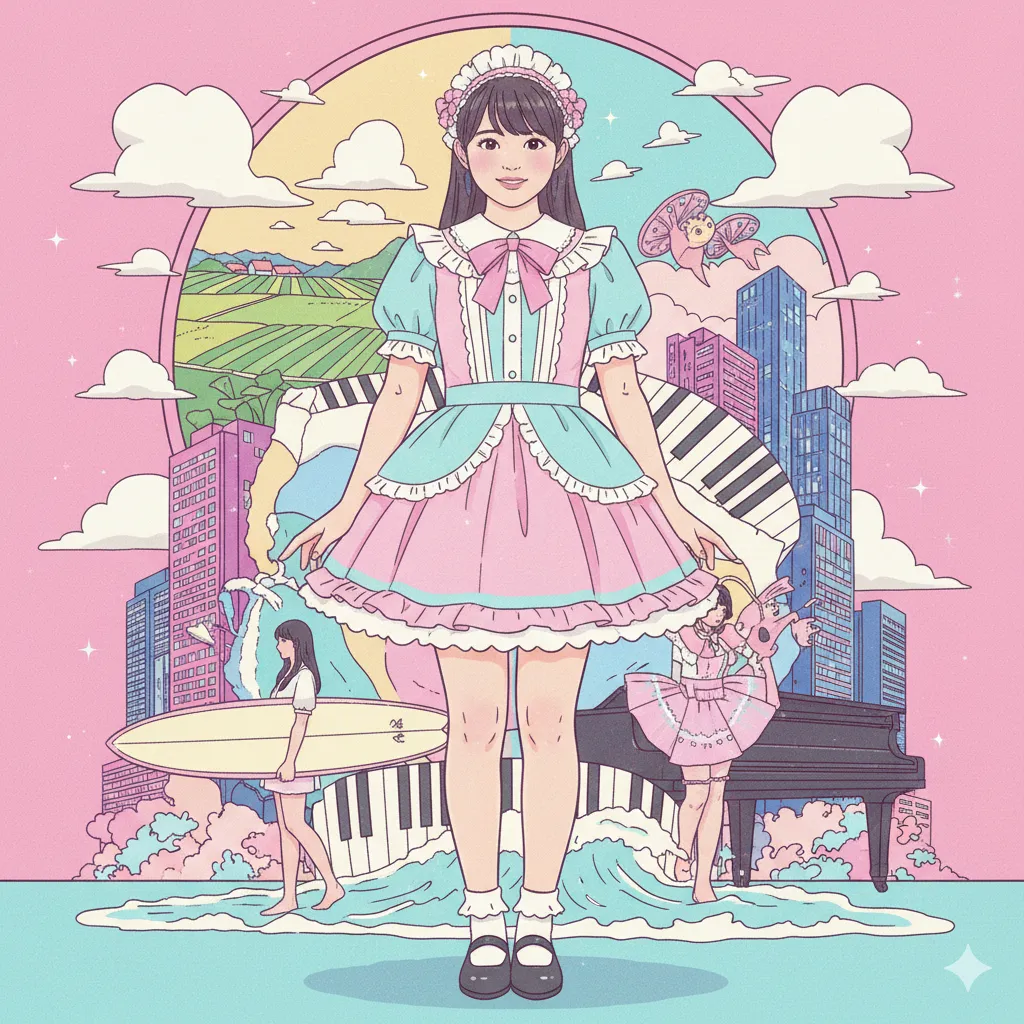 ロリータファッションの女性を中心に、都市、海、サーフィン、ピアノ、田園風景などの要素が集合したカラフルなイラストレーション。