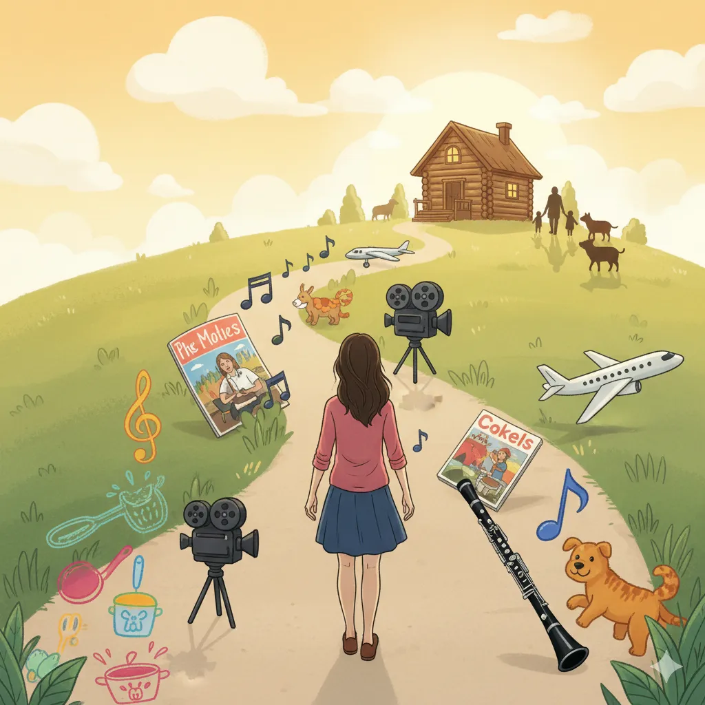 女性のこれまでの人生が道のように描かれ、その道の先には温かい家庭が待っている風景。料理器具、楽器、雑誌、カメラ、飛行機といった要素が配置されている。