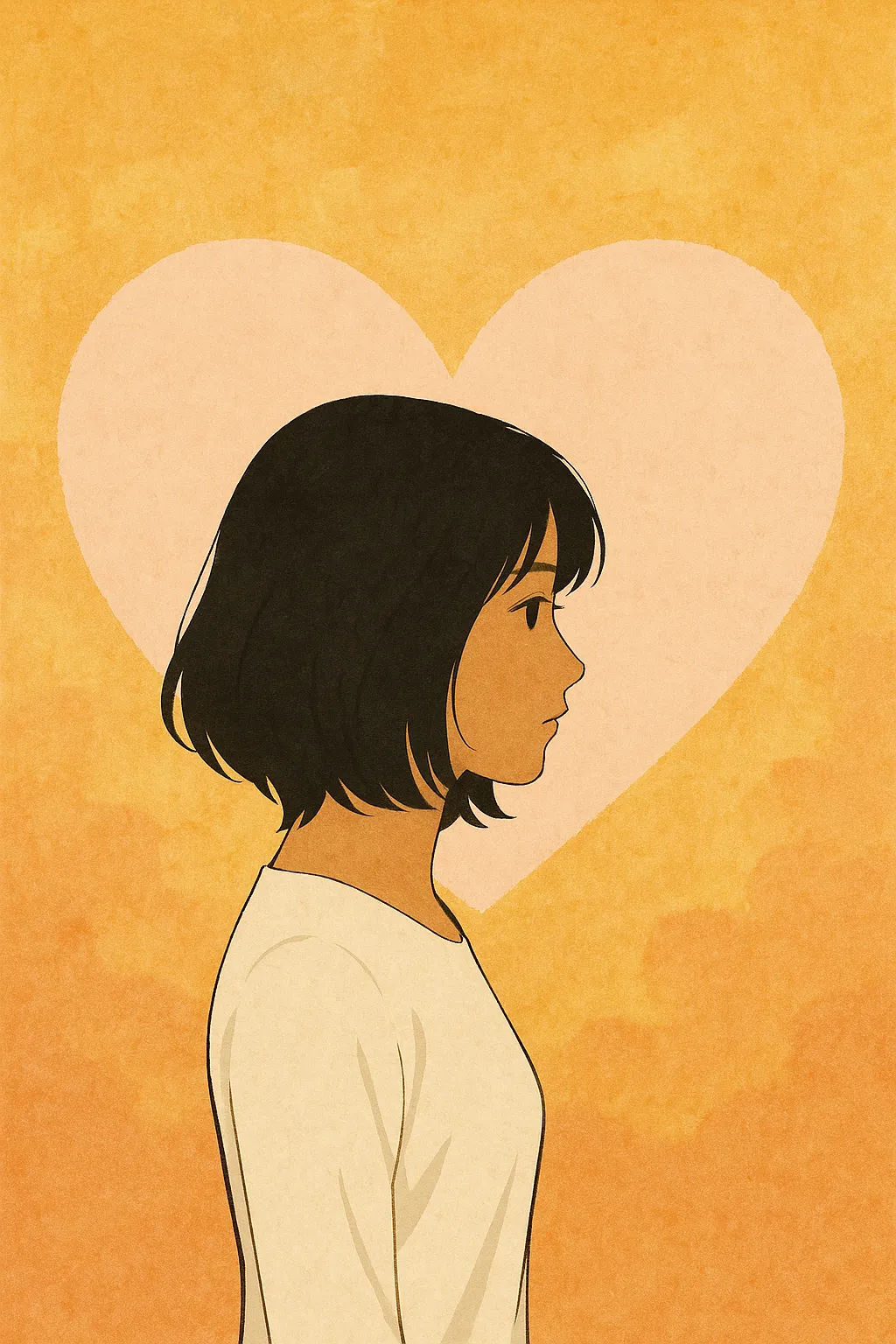 結婚の噂を象徴するハートと若い女性シルエットの抽象イラスト