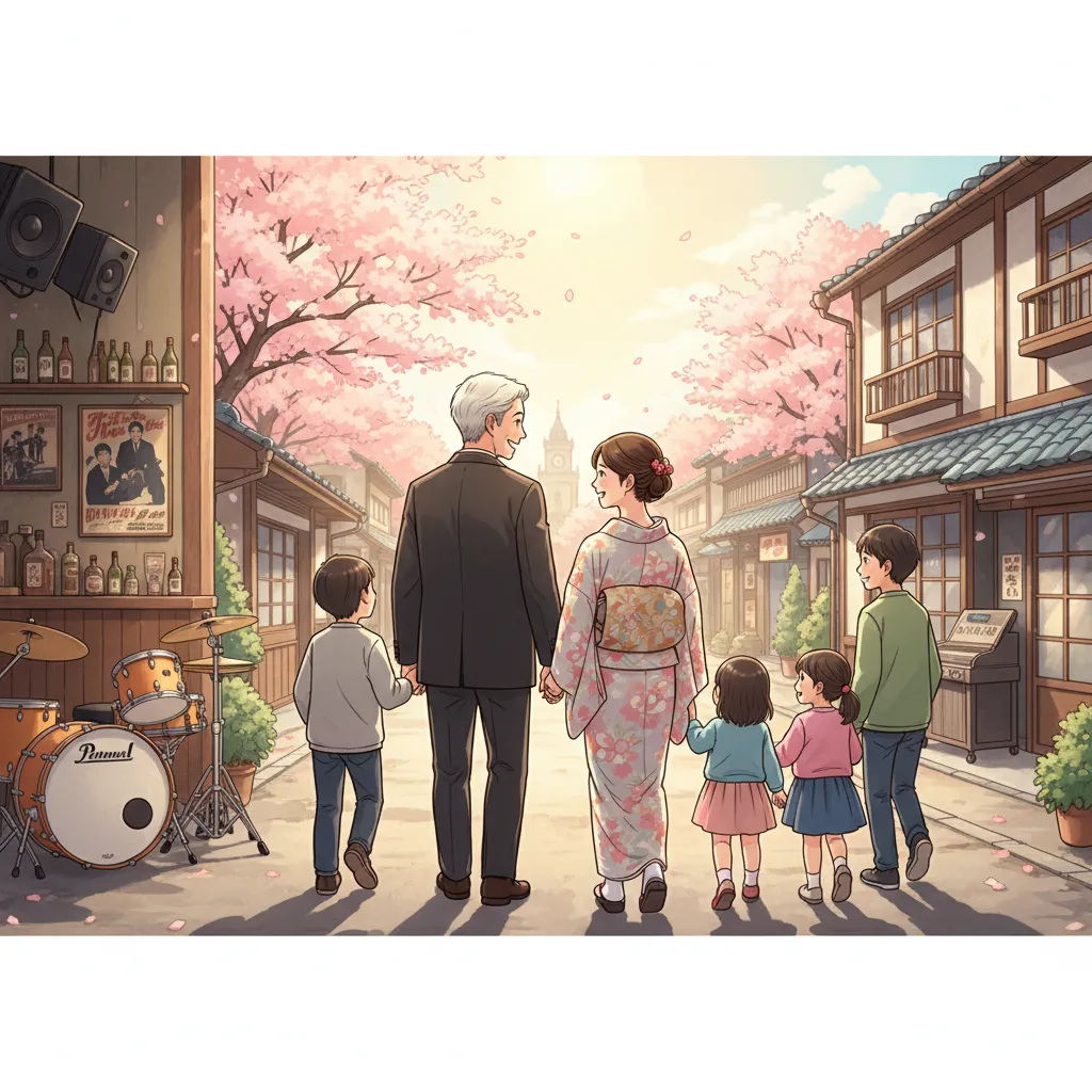桜並木の下を歩く家族の姿。手をつなぐ夫婦の隣には子どもたちが寄り添い、温かい日差しの中で穏やかな雰囲気が描かれています。道の脇には古い商店街の建物が並び、左手にはドラムセットとバンドのポスターが見え、加藤茶さんの音楽キャリアと家族の歩みを象徴しています。