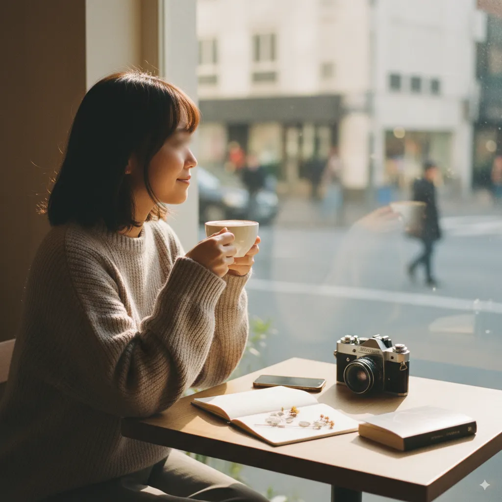 「カフェで窓の外を眺める女性」をテーマにした画像