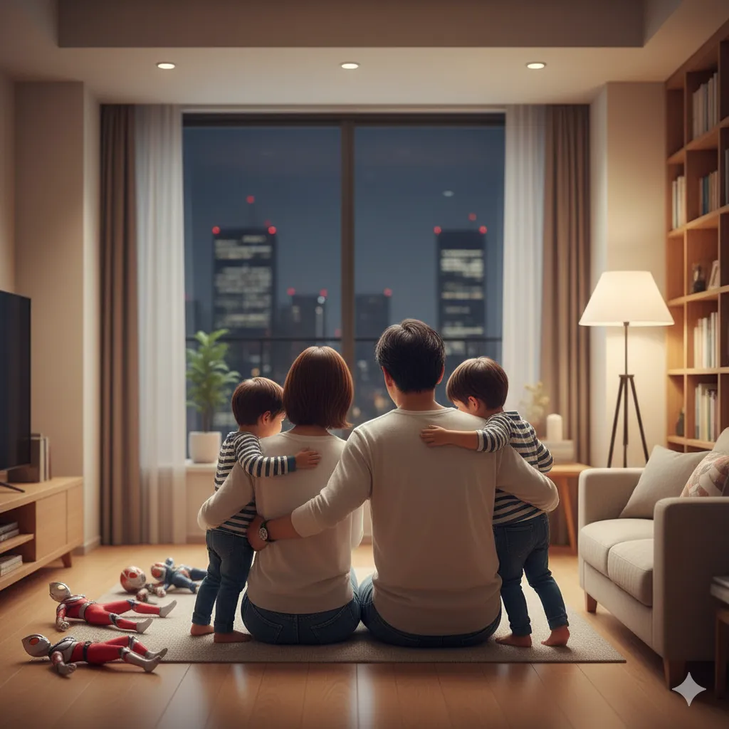 夜景が見えるリビングで、夫婦と二人の幼い息子が寄り添って座っている後ろ姿。床にはヒーローのおもちゃが散らばっている。