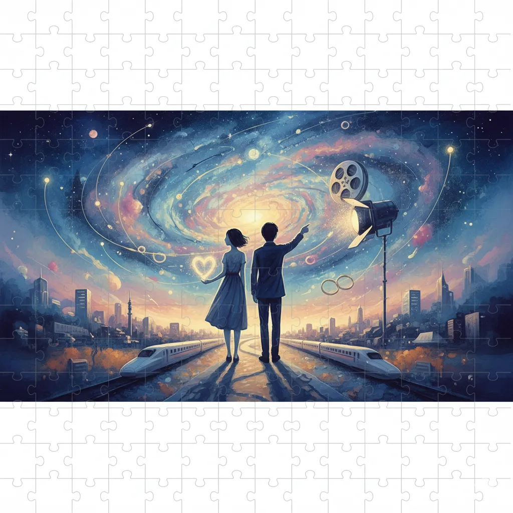 輝く夜空の下、レールの上を歩くカップルが未来を指差しています。彼らの周りには映画のリールや指輪が浮かび、まるで二人の物語が紡がれているかのようです。都会の風景と星空が融合し、希望に満ちたロマンチックな情景を描いています。