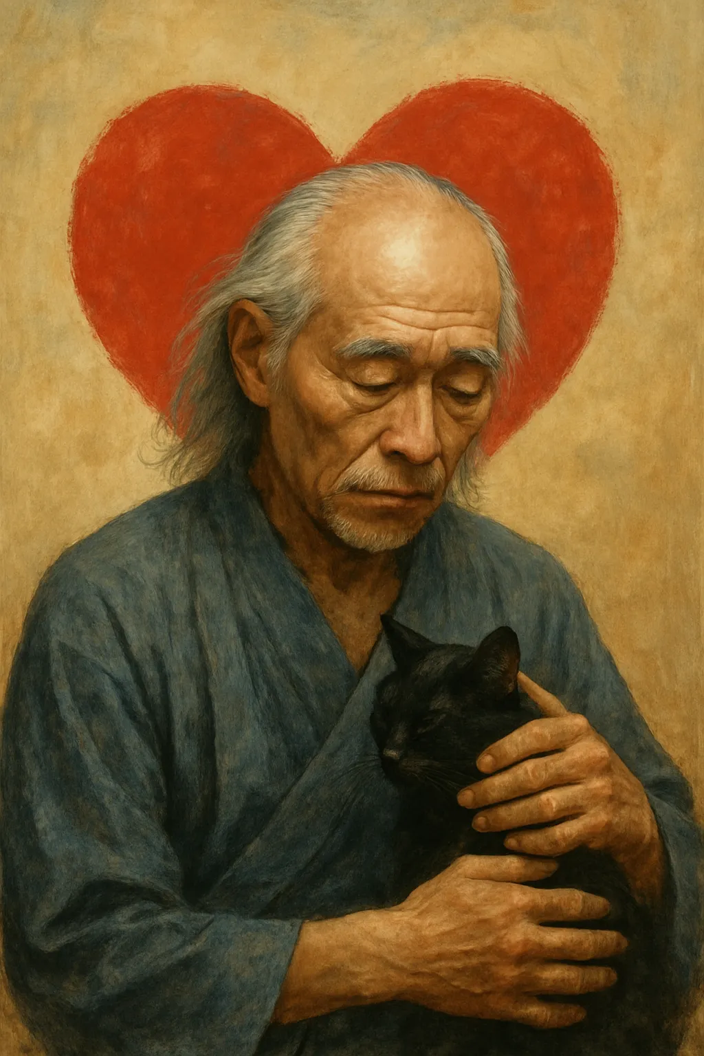 和装の高齢男性が黒猫を抱きしめ、背後に赤いハートが描かれた温かなイメージ