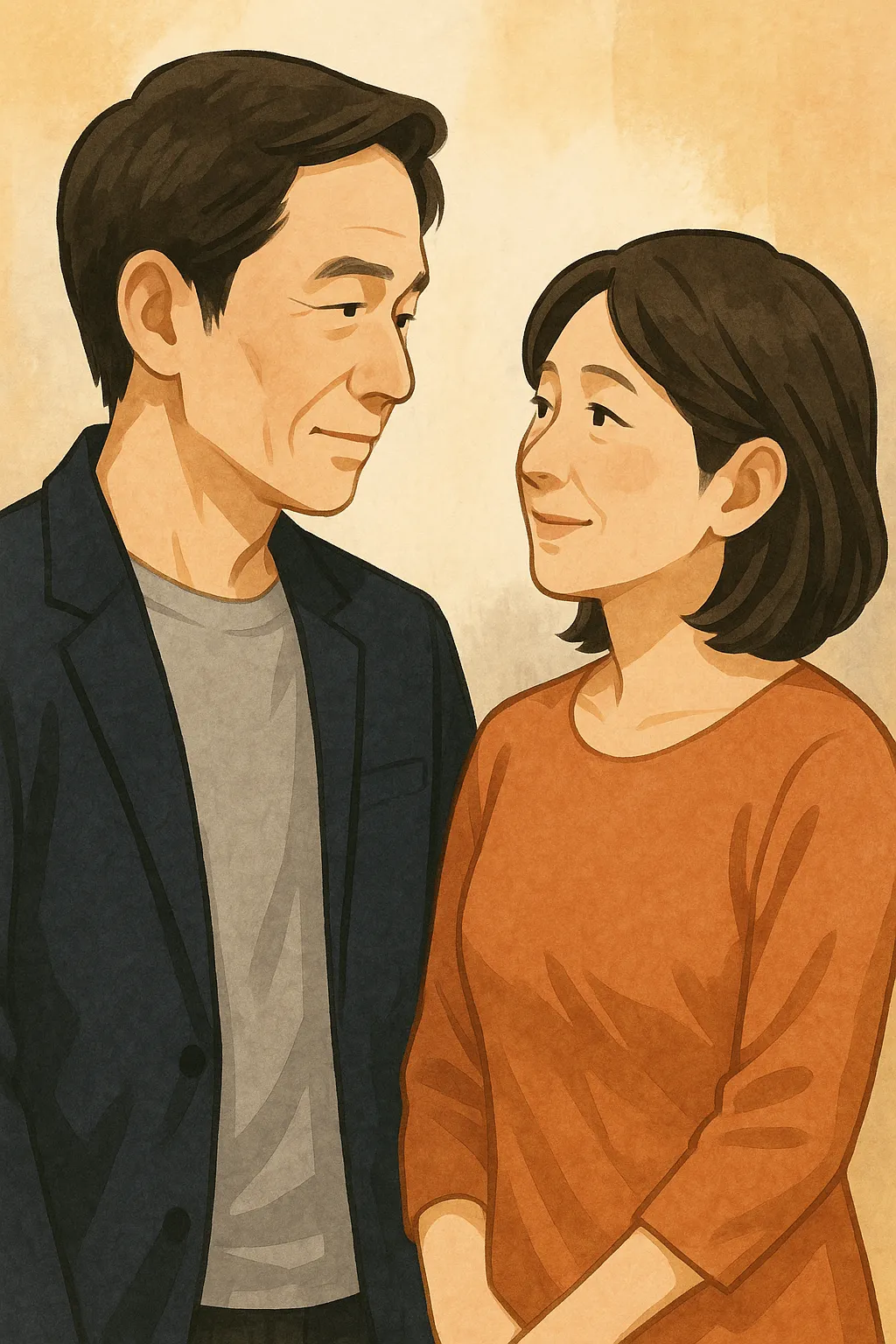 穏やかに見つめ合う中年夫婦の抽象イラスト