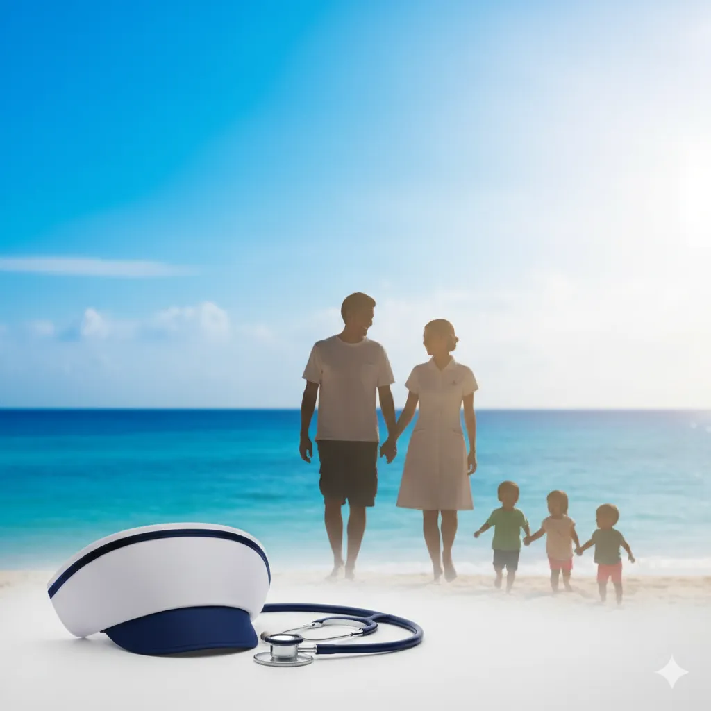 白い砂浜と青い海を背景に、楽しそうに手をつないで歩く若い夫婦と3人の子供たちのシルエット。前景には看護師の帽子と聴診器が置かれている。