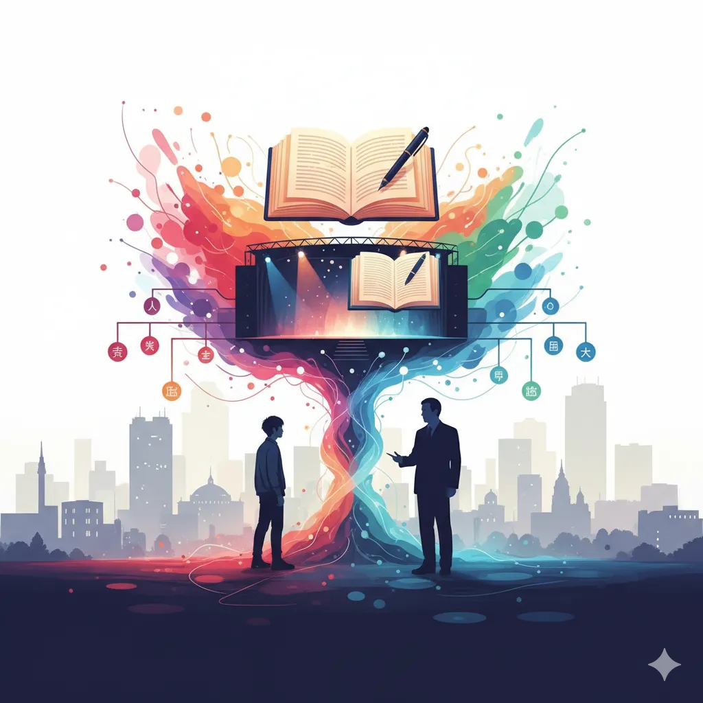 カラフルな光の渦と本、そして2人の人物が描かれた抽象的なイラスト。都市のシルエットを背景に、向かい合う若い男性と年配の男性が立っており、それぞれの頭上には知識や才能を示すような光の線が伸びている。光の線は中央で交わり、上空に開かれた本が浮いている。本の周りには舞台のような構造があり、さらに小さな開かれた本とペンが描かれている。全体的に、知識や才能が人々の出会いやキャリアを通じて広がっていく様子を表現している。