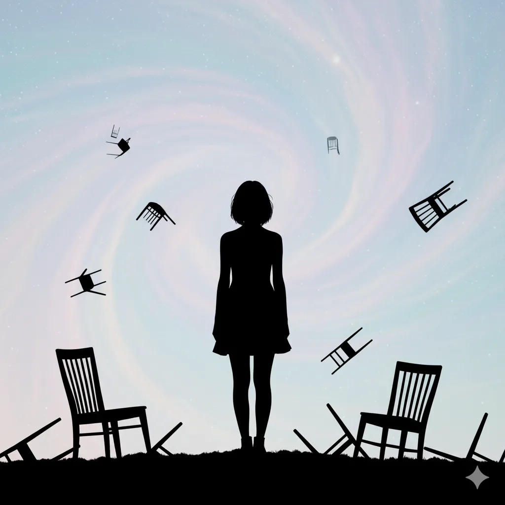 星空のような背景の中に立つショートカットの女性のシルエット。彼女の周りには、壊れたり傾いたりした椅子が複数描かれている。文字は含まれていない。