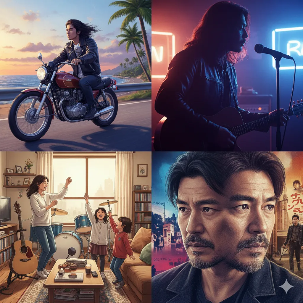 江口洋介さんのキャリアを象徴する4つのイメージ：若い頃のロン毛でバイクに乗る姿、ギターを弾き歌うミュージシャンとしての姿、家族と音楽を楽しむ穏やかな家庭の情景、そして渋さを増した現在の俳優としてのポートレート。
