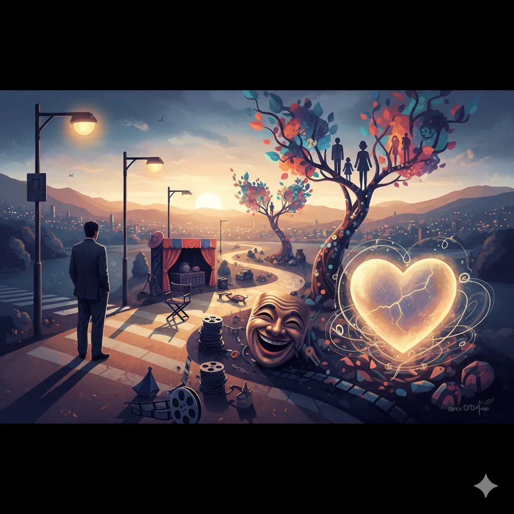 夕暮れの街を背景に、男性が一人、役者の椅子や舞台幕、古いフィルムリールなど演劇の道を象徴する要素が散らばる道を歩いている。道の先には生命力あふれる木々があり、枝には家族のシルエットが描かれ、根元には温かく光る心臓のイメージが置かれている。