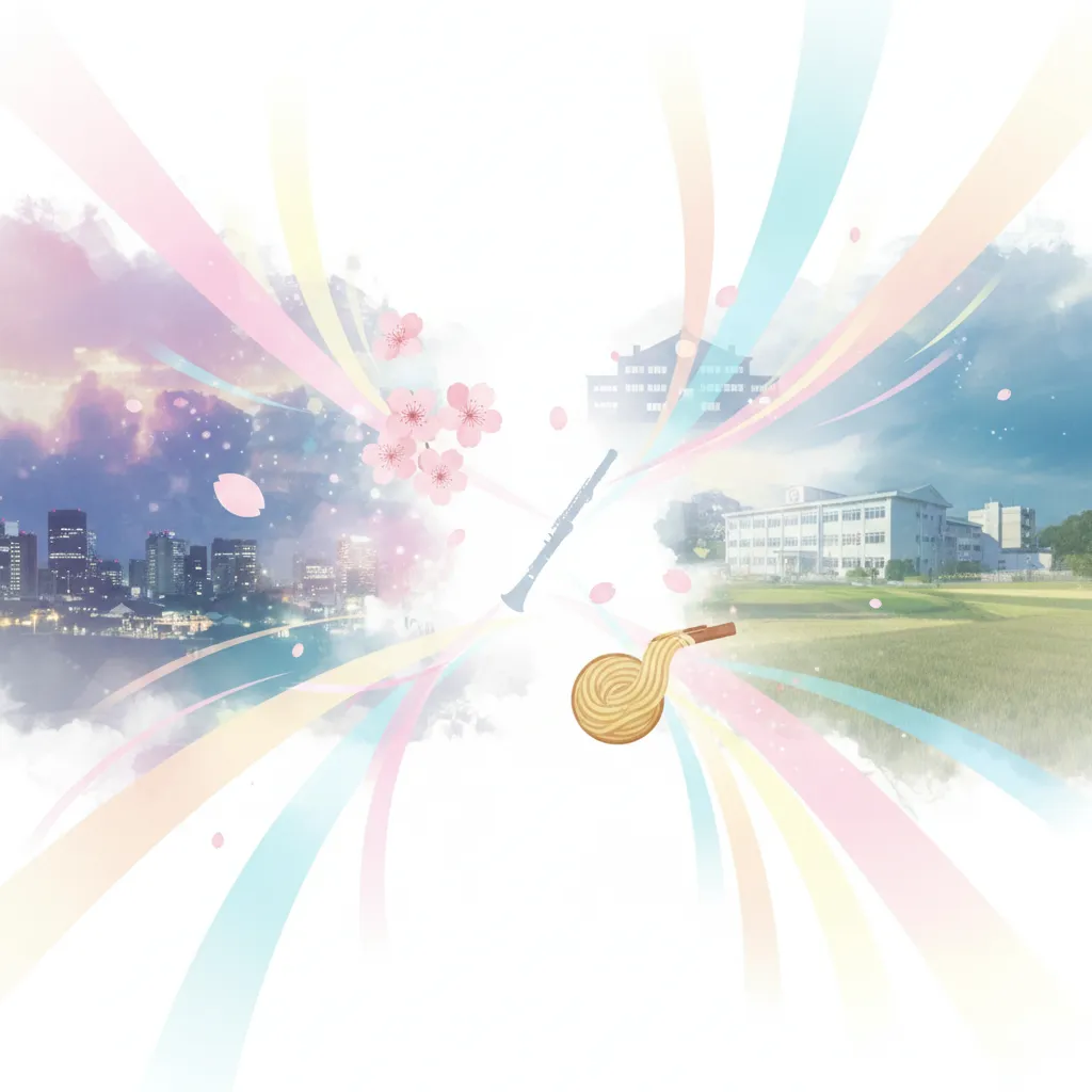 名古屋の高校と東京の街並みを背景に、クラリネット、蕎麦、桜の花びらが舞う幻想的なイラスト。遠藤さくらさんの学生時代からアイドルとしての活躍を象徴する。