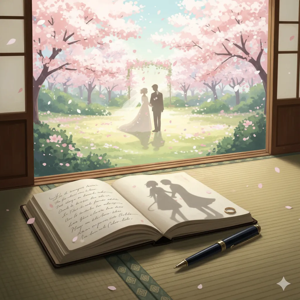 桜が満開の庭園で、新郎新婦が結婚式を挙げている。手前の和室には開かれた日記があり、カップルの影絵と結婚指輪が描かれている。