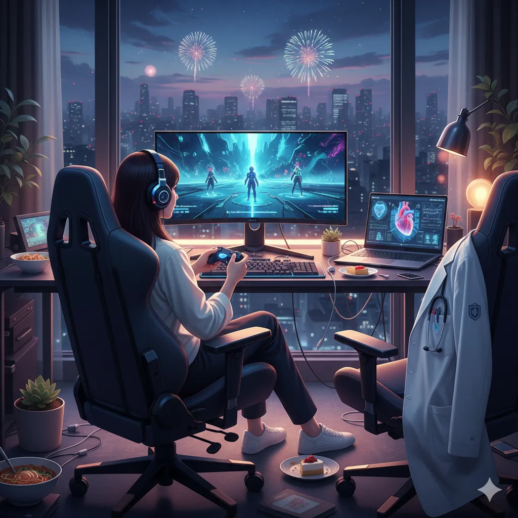 自宅の部屋で夜景と花火を背景に、ゲーミングチェアに座ってパソコンでオンラインゲームに熱中している女性。右手にはゲームコントローラーを持ち、左手はキーボードに置いている。画面には複数のキャラクターが映し出されている。パソコンの隣には、ノートパソコンと白衣が置かれたもう一つの椅子がある。部屋には観葉植物や食べかけのケーキ、ヌードルなども見える。