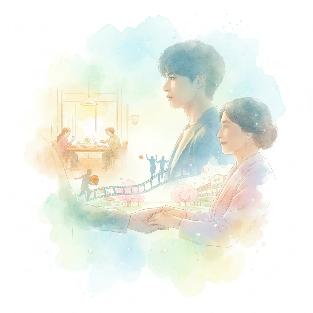 青年と中年の女性が手を取り合って立つイラスト。二人の背後には、家族で食卓を囲む様子、子供たちがバスケットボールをする様子、学校の風景、そして桜並木の道が水彩画のようなタッチで描かれている。