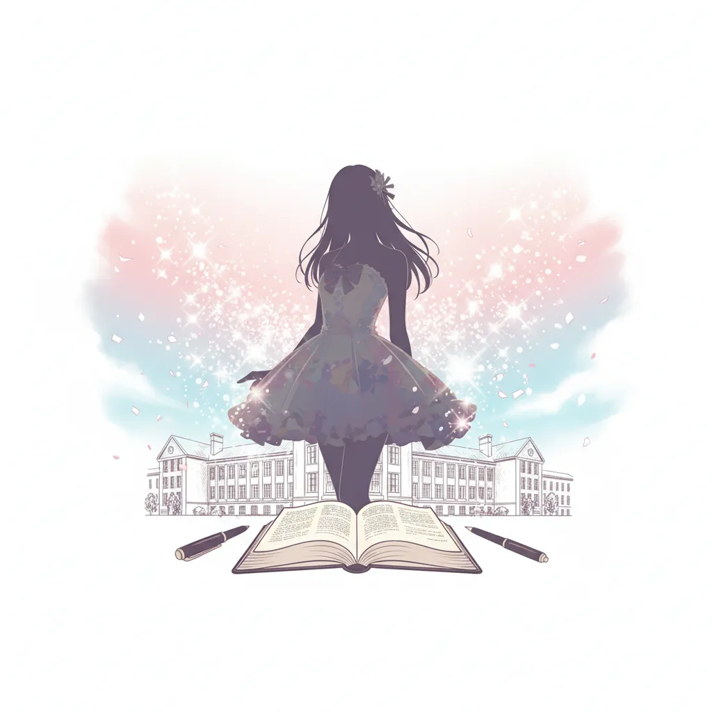 アイドルを目指す女子学生のシルエット。背景には大学らしき建物と、きらめく光が舞う空。手前には開かれた本とペンが描かれ、学業と芸能活動の両立を象徴している。