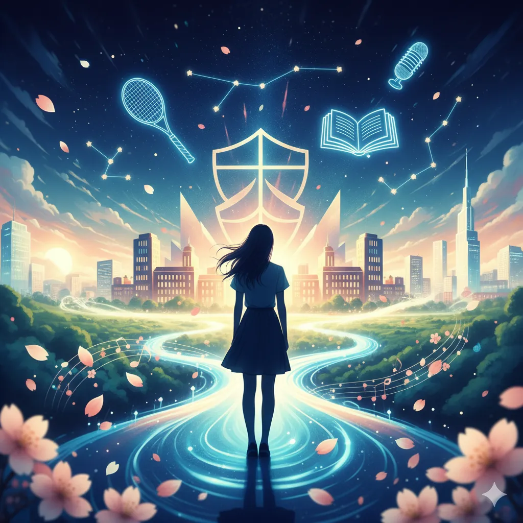 夕焼け空の下、未来へ続く光の道を歩む女性の後ろ姿。空にはテニスラケット、本、マイクのネオンサインと星座が輝き、遠くには盾の形をした建物がそびえる都市の風景が広がる。道端には桜の花びらが舞い、音楽の記号が漂っている。