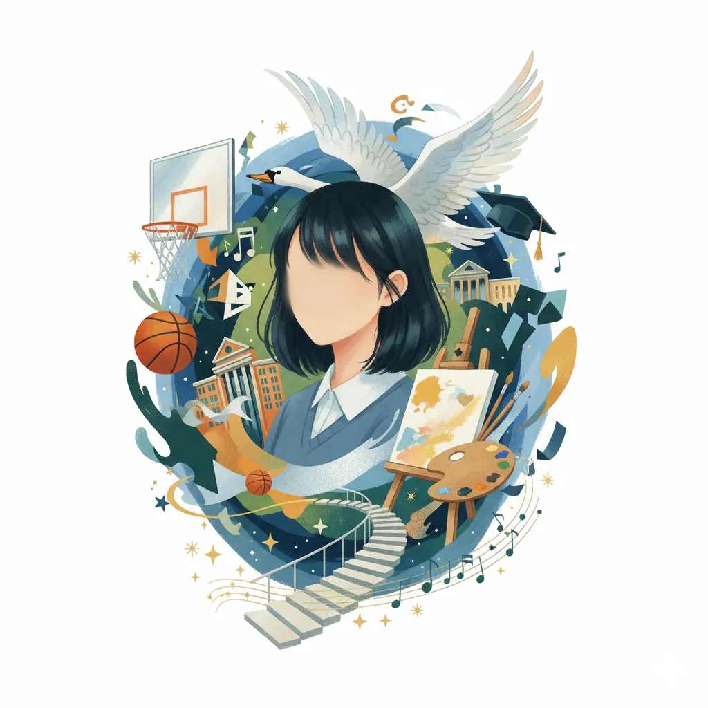 学生服を着た女性を中心に、バスケットボール、画材、白鳥、校舎、音符などが円形に配置されたイラスト。女性の顔は描かれていない。