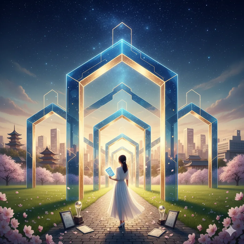 桜が咲き誇る日本の風景の中に立つ女性の後ろ姿。彼女は未来へ続く光り輝く道を歩み、その足元にはこれまでの功績を示すかのような賞状やトロフィーが置かれている。夜空には星が輝き、地平線には朝焼けの光が広がり、時間の移り変わりが表現されている。